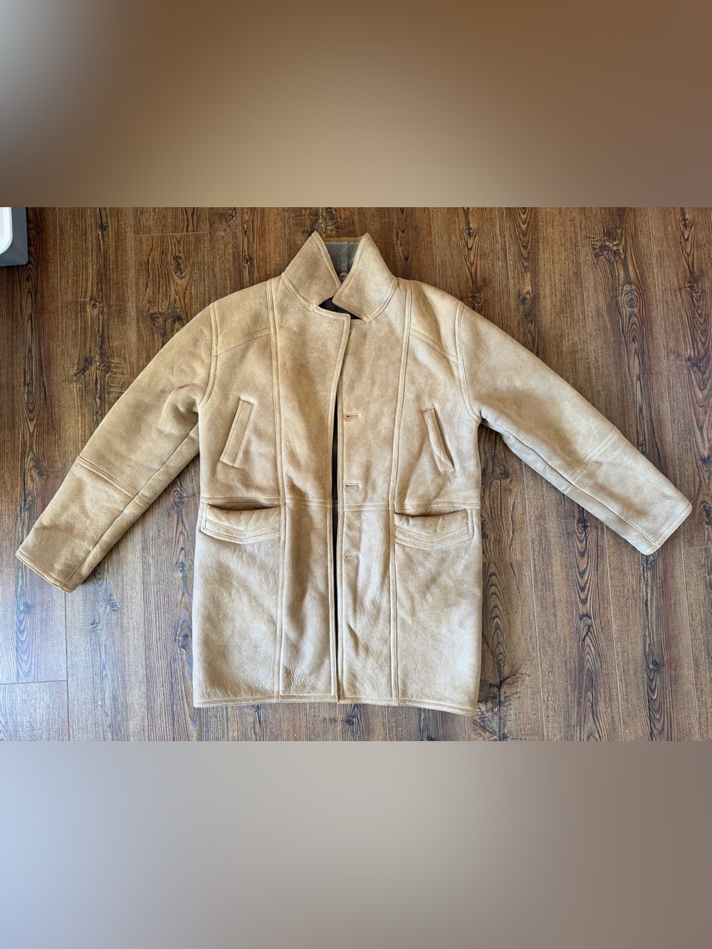 Meridian Men's Beige Shearling Lined Leather Long Overcoat Button Front 42